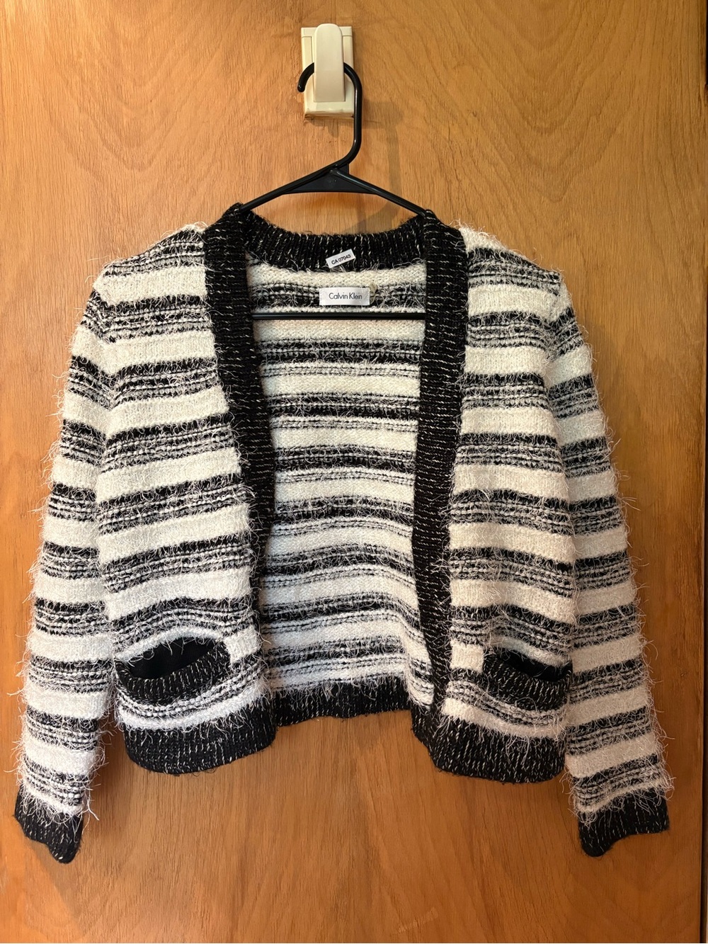 Calvin Klein Black and White Striped Open-Front Cardigan